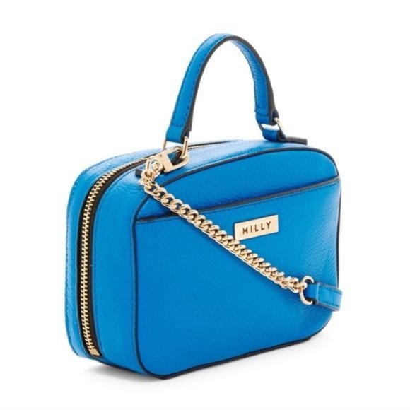 NWT Milly Bright Blue Gold Genuine Pebbled Leather Mini Satchel Purse Handbag - Picture 1 of 12